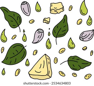 cartoon style pattern with ingredients for pesto sauce. Basil, olive oil, Parmesan cheese, pine nuts, garlic