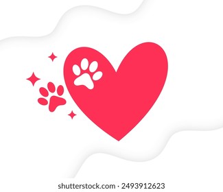 cartoon style paw foot and heart print on white background vector