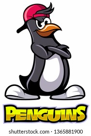 Cartoon style penguin with baseball cap, cartoon character isolated on white background