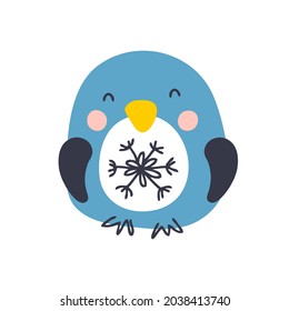 Pingüino estilo caricatura con ilustración vectorial copo de nieve. Diseño para camisetas, textiles e impresiones. 
