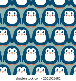 Cartoon style penguins seamless pattern. Perfect print for paper, textile and fabric. Hand drawn vector illustration for decor and design.
