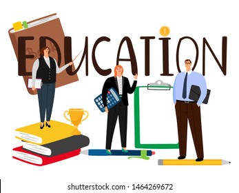 Cartoon style people man and woman education vector concept. Illustration of business education, study people