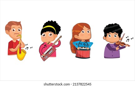 Cartoon Style People playing musical instruments vector illustrations set. Four Characters Playing different musical instruments