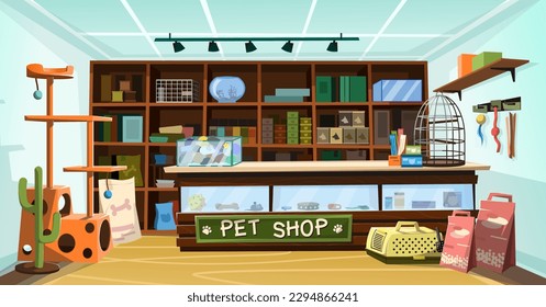  Cartoon style Pet shop vector illustration. Petshop supermarket store interior with counter desk, accessories, food, toys.