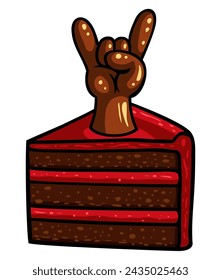 Cartoon style piece of cake with a rock, heavy metal sign, vector illustration. Isolated on white background.
