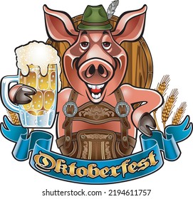 Cartoon style pig in Octoberfest outfit holding a mug of foaming beer