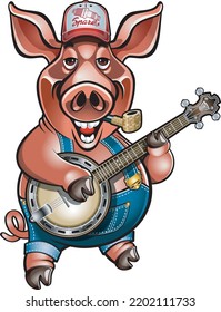 Cartoon Style Pig In Overalls Playing Banjo