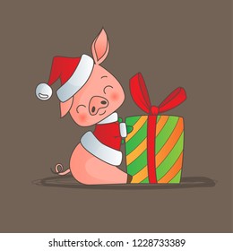 Cartoon style pig wearing Santas hat smiling sitting with christmas gift