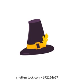 Cartoon style pilgrim hat decorated with yellow oak leaf, Thanksgiving Day symbol, vector illustration isolated on white background. Cartoon black pilgrim hat isolated on white background