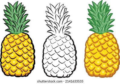 Cartoon Style Pineapple Fruit Outline and Colour Versions Illustration Vector