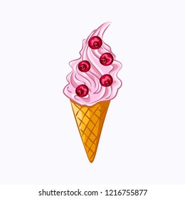 Cartoon style pink ice cream and red berry vector icon isolated on the white background