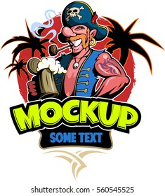 Cartoon style pirate, filibuster with beer mug in his hand with sundown and palms on background