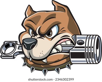 Cartoon style pitbull dog with engine piston between the tenths