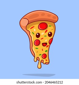 Cartoon Style Pizza Slice with Eyes and Mouth smiles and asks to eat it. The melted cheese drips off the mouth-watering slice of pizza.