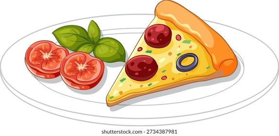 Uma fatia de pizza estilo cartoon com pepperoni, azeitonas, tomates e manjericão em um prato branco