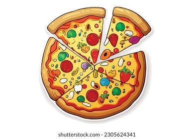 Cartoon Style Pizza Vector Illustration - Delicious Slice with Cheese, Pepperoni, and Fresh Ingredients for Menus and Promotions