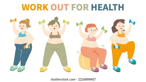 Cartoon style plus size girl in yoga clothes training vector set. Fitness women work out with dumbbell and swiss ball collection. Over weight female exercise for health. Loss weight sweat a lot fat