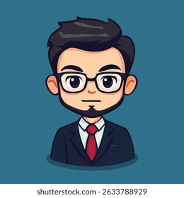 Cartoon style portrait of a man with black hair, glasses, a beard, wearing a black suit with a white shirt and a red tie.