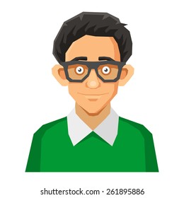 Cartoon Style Portrait of Nerd with Glasses and Green Pullover. Vector