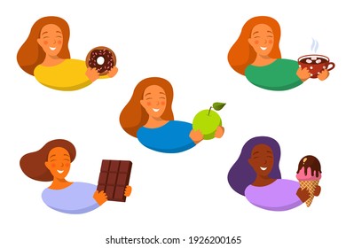 Cartoon style. Portrait of woman holding various food. Icon for logo and sticker. Delicious food. Happy person shows something tasty. Vector illustration