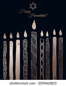 Cartoon style poster Happy Hanukkah with candles in luxury black and gold design