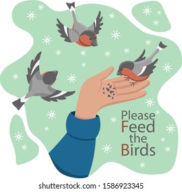 Cartoon style poster "Please feed the birds." Several cute cartoon bullfinches fly and eat seeds from a human hand.
