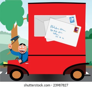 cartoon style postman in his delivery van