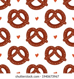 Cartoon style pretzel, knot-shaped baked pastry and hearts vector seamless pattern background.