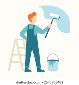 Cartoon Style Professional House Painter Painting Wall with Roller Illustration