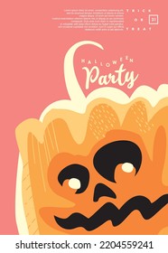 Cartoon style pumpkin head on pink background. Halloween party poster or card design layout. Vector image.