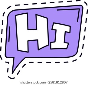 Cartoon style purple speech bubble showing hi greeting message with dashed line contour, expressing a casual and friendly tone, ideal for online communication and informal settings