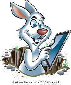 Cartoon style rabbit in hole operating tablet computer