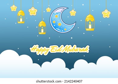 Cartoon Style Ramadan Kareem or Eid Mubarak Islamic Greeting Card Banner Background