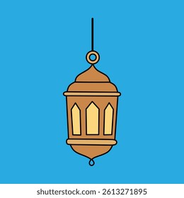 Cartoon style Ramadan lantern hangs against a bright blue backdrop adding a festive feel Perfect for holiday themed designs and graphics.