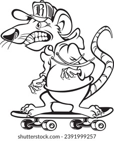 Cartoon style rat with cap and hoodie on a skateboard