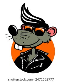 Cartoon style rat character in the leather jacket and 50 s style haircut, vector illustration. Isolated on white background.