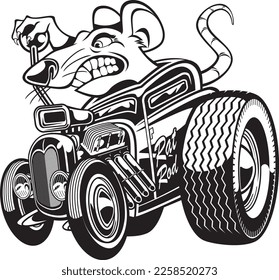 Cartoon style rat driving a custom hot rod car