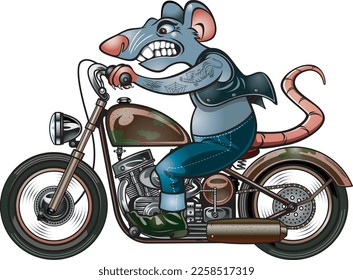 Cartoon style rat riding on a vintage motorcycle