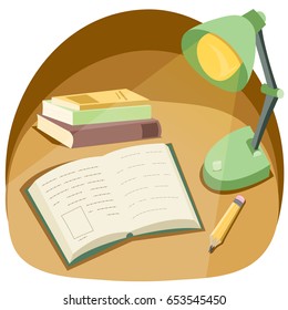 cartoon style reading corner with book and lamp.