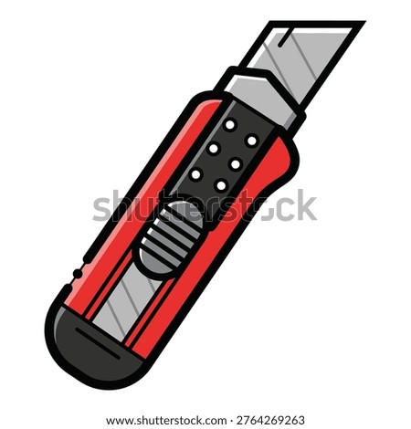 Cartoon style red and black utility knife with silver blade and ergonomic handle icon