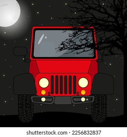 Cartoon style red car with an open top against nighty sky with moon, stars, black silhouette of the tree. Beautiful image with auto for children room.