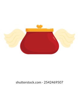 Cartoon style red closed wallet with golden clasp on top and white feathered wings flying away isolated on white background