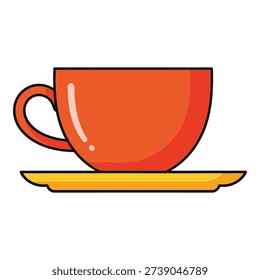 Cartoon style red coffee cup and yellow saucer on white background icon