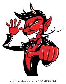 Cartoon style red devil character in the leather jacket, isolated on white background.