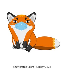 Cartoon style red fox in a medical protective mask is sitting. Easy to separate, white isolated. Vector illustration.
