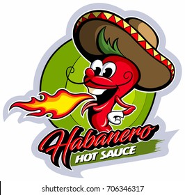 Cartoon Style Red Hot Pepper Character With Sombrero Hat, Hot Sauce Vector Logo.