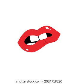 Cartoon style female’s red lips, biting lips vector icon, illustration.