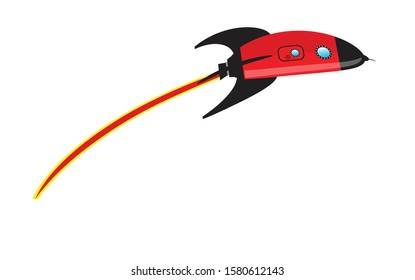 A cartoon style red spaceship shooting away over a white background