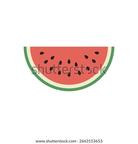 Cartoon style red watermelon slice with black seeds and green rind, isolated on white. Great for summer, food, fruit, or tropical-themed designs