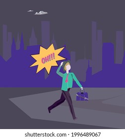 Caricatura al estilo de los cómics retro del arte pop, ilustración vectorial. Un hombre corre tarde por el trabajo en la ciudad nocturna.